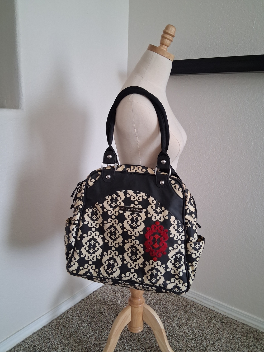 Petunia Pickle Bottom Black and Cream Patterned Shoulder Bag w Red Accent Sashay